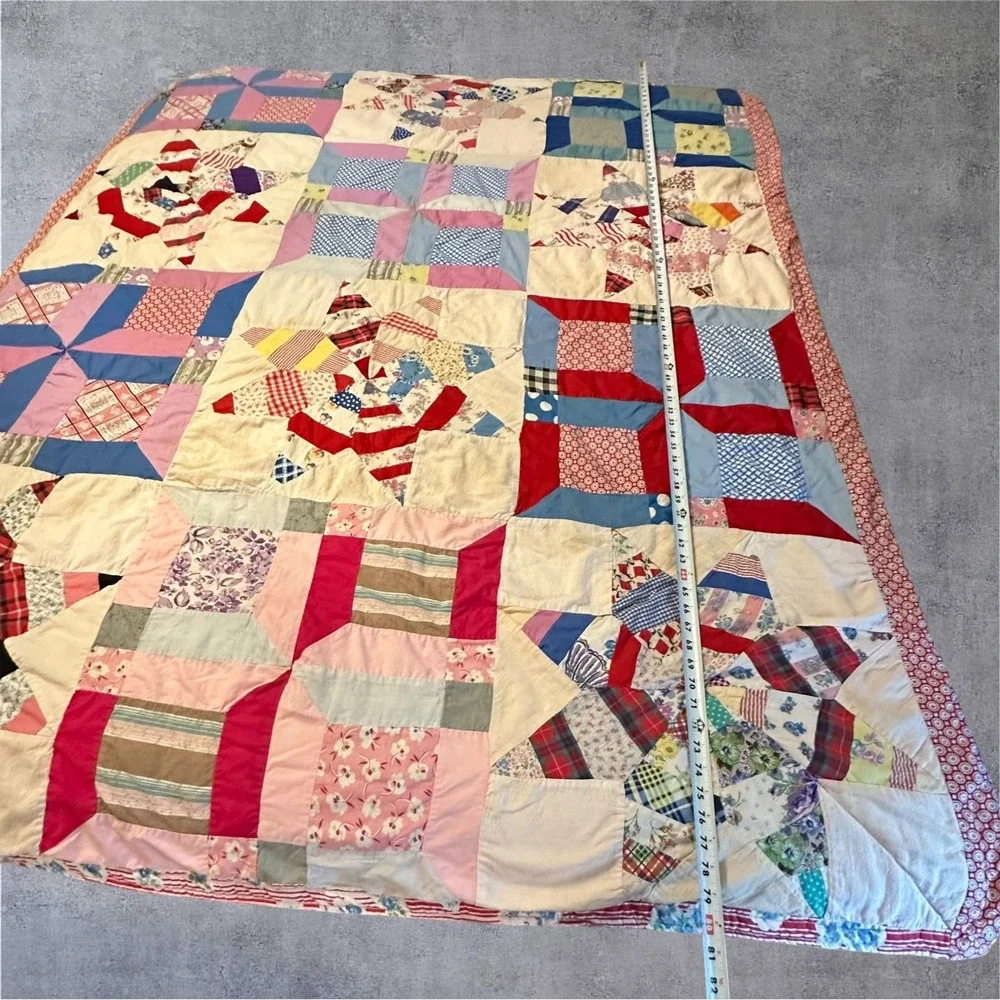 Vintage MCM Quilt 80x64 Multicolor Hand Sewn Patchwork Star/Pinwheel